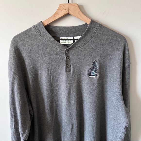 Vintage 1990s Nature Tee World Wildlife Federation Shirt Wolf 2XL Henley Gray - Picture 1 of 8